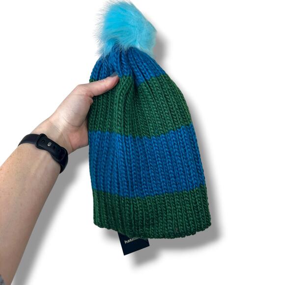 Hat Attack NWT Happy Stripes Blue Green Real Fur Pom Knit Beanie Hat One Size - Picture 3 of 8